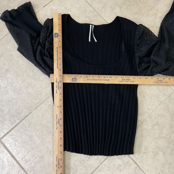 By Anthropologie sweater Top ribbed Sheer sleeves Square Neck women’s XL Black - Picture 4 of 12